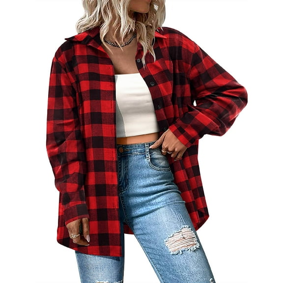 Weardear Plus Size Flannel Shirts for Women Plaid Button Down Shirts Roll Up Long Sleeve Tops