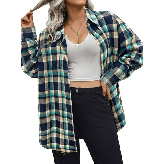 Weardear Plus Size Flannel Shirts for Women Plaid Button Down Shirts Roll Up Long Sleeve Tops