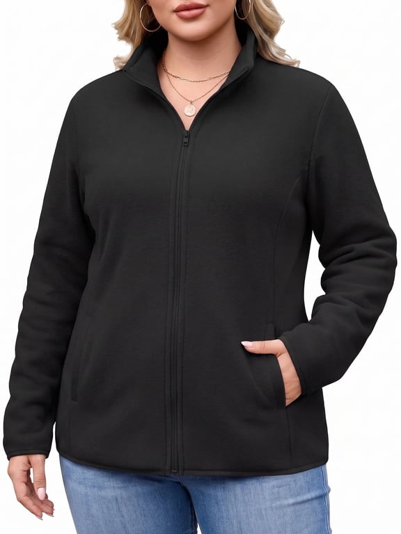 Plus Size Fleece Jackets for Women Lightweight Full Zip Jacket with 4 Pockets Warm Winter Coat