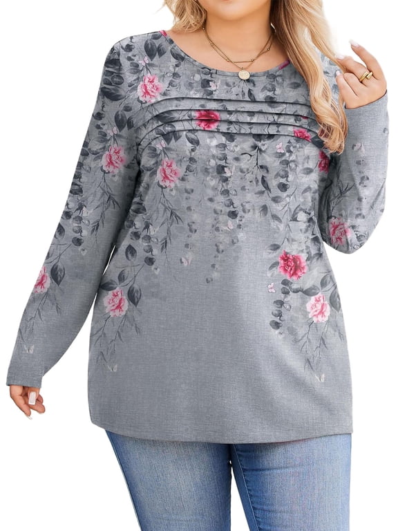 Plus Size Tops for Women Pleated Puff Long Sleeve Shirts Fall Tunic Top