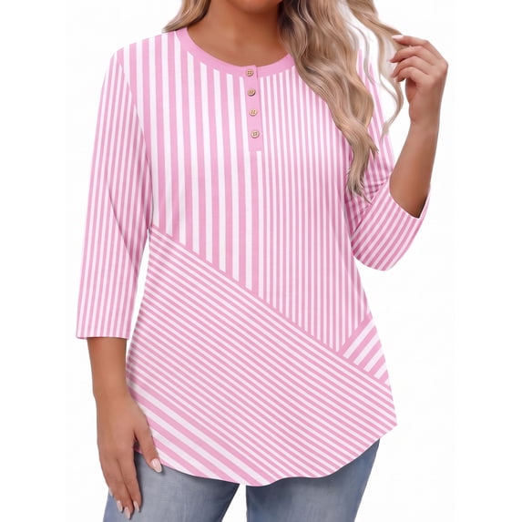 Weardear Plus Size Tops for Women 3/4 Sleeve Henley Button Down Neck Tunic Top Dressy Casual Blouses