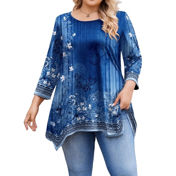 Weardear Plus Size Tops for Women 3/4 Sleeve Round Neck Tunic Top Loose Fit Flowy Blouse