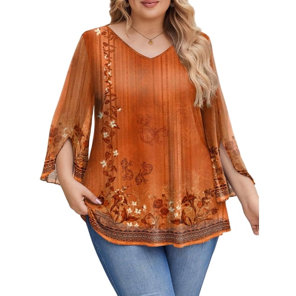 Weardear Plus Size Tops for Women Double Layers Mesh 3/4 Sleeve Shirts V Neck Flowy Blouses