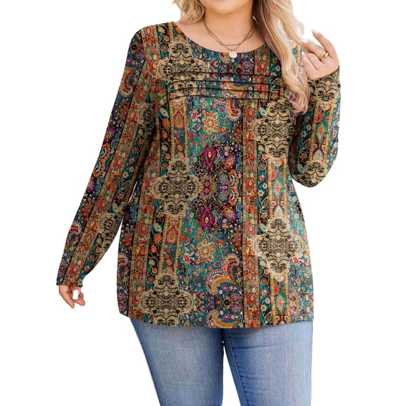 Weardear Plus Size Tops for Women Pleated Puff Long Sleeve Shirts Fall Tunic Top