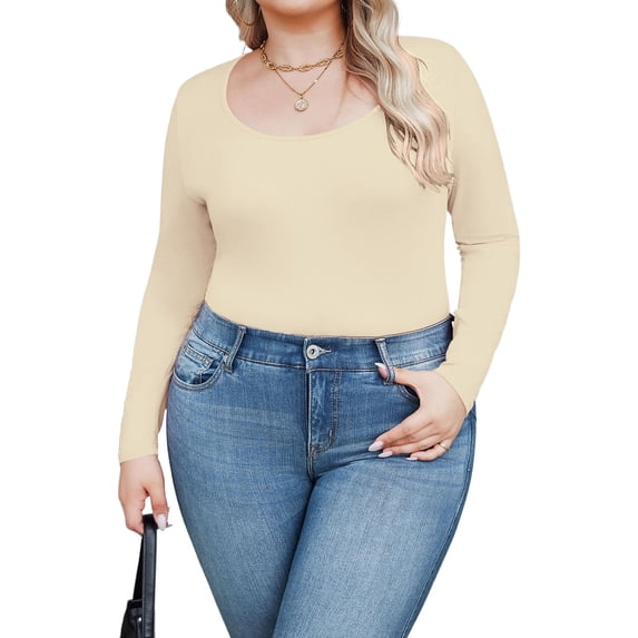 Weardear Plus Size Tops for Women Scoop Neck Long Sleeve Tight T Shirts Casual Basic Tunic Tops