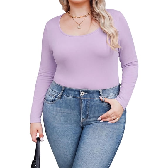 Weardear Plus Size Tops for Women Scoop Neck Long Sleeve Tight T Shirts Casual Basic Tunic Tops