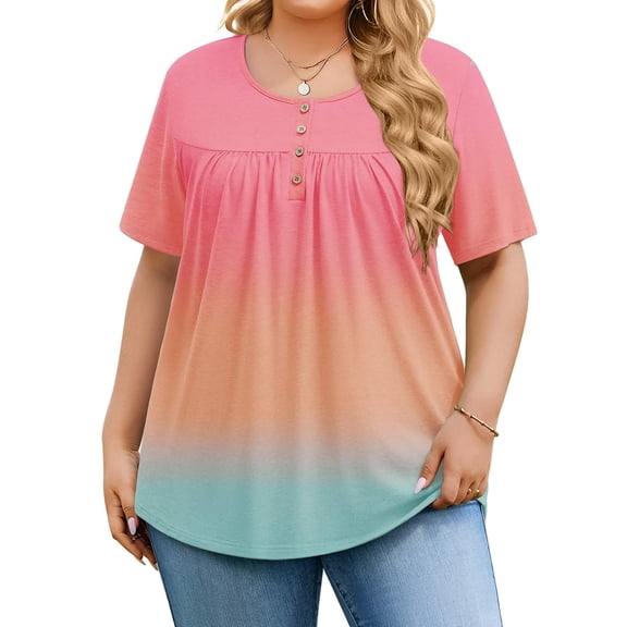 Weardear Plus Size Tops for Women Short Sleeve Henley Neck Tunics Loose Fit Pleated Blouses