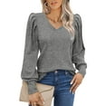 thumbnail image 1 of Weardear Puffy Sleeves Knit Tops for Women Long Sleeve Soft Sweater Pullover V Neck Lightweight Blouse, 1 of 5