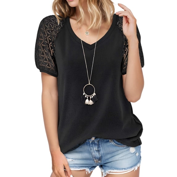 Weardear Short Sleeve Blouse Women's Summer Lace Tops V Neck Tops Shirt Loose Casual Waffle Tee Blouse