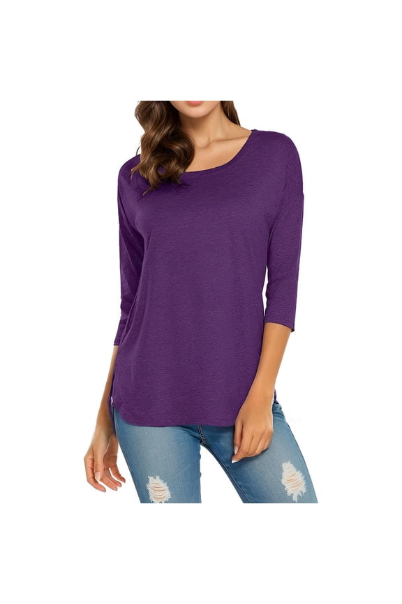 Side Split 3/4 Sleeve Tops For Women Crew Neck Casual Loose Tunic T-Shirt