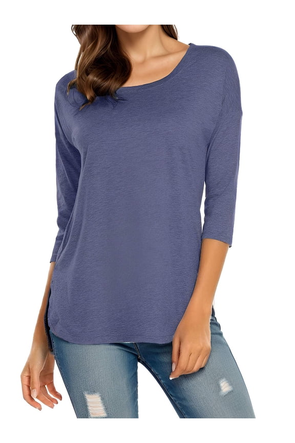 Side Split 3/4 Sleeve Tops For Women Crew Neck Casual Loose Tunic T-Shirt