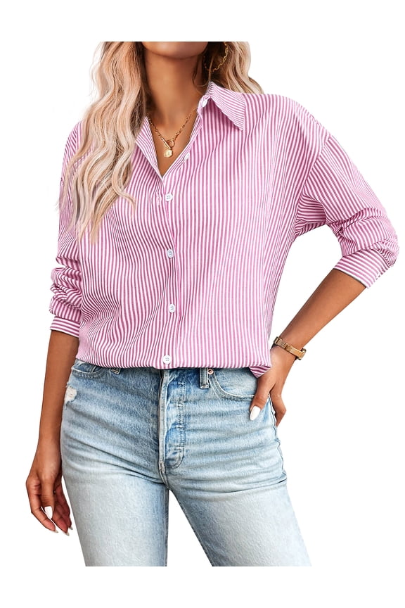 Striped Button Down Shirts for Women Casual Loose Long Sleeve Cotton Tops Business Work Tunic Blouse