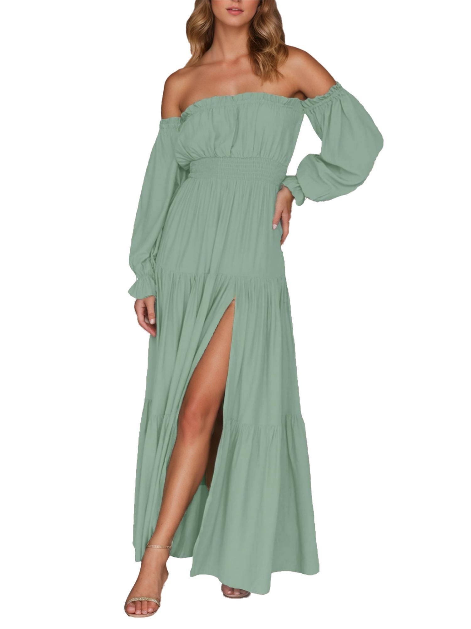 Weardear Summer Maxi Dress Sexy Flowy Ruffle Long Sleeve Off