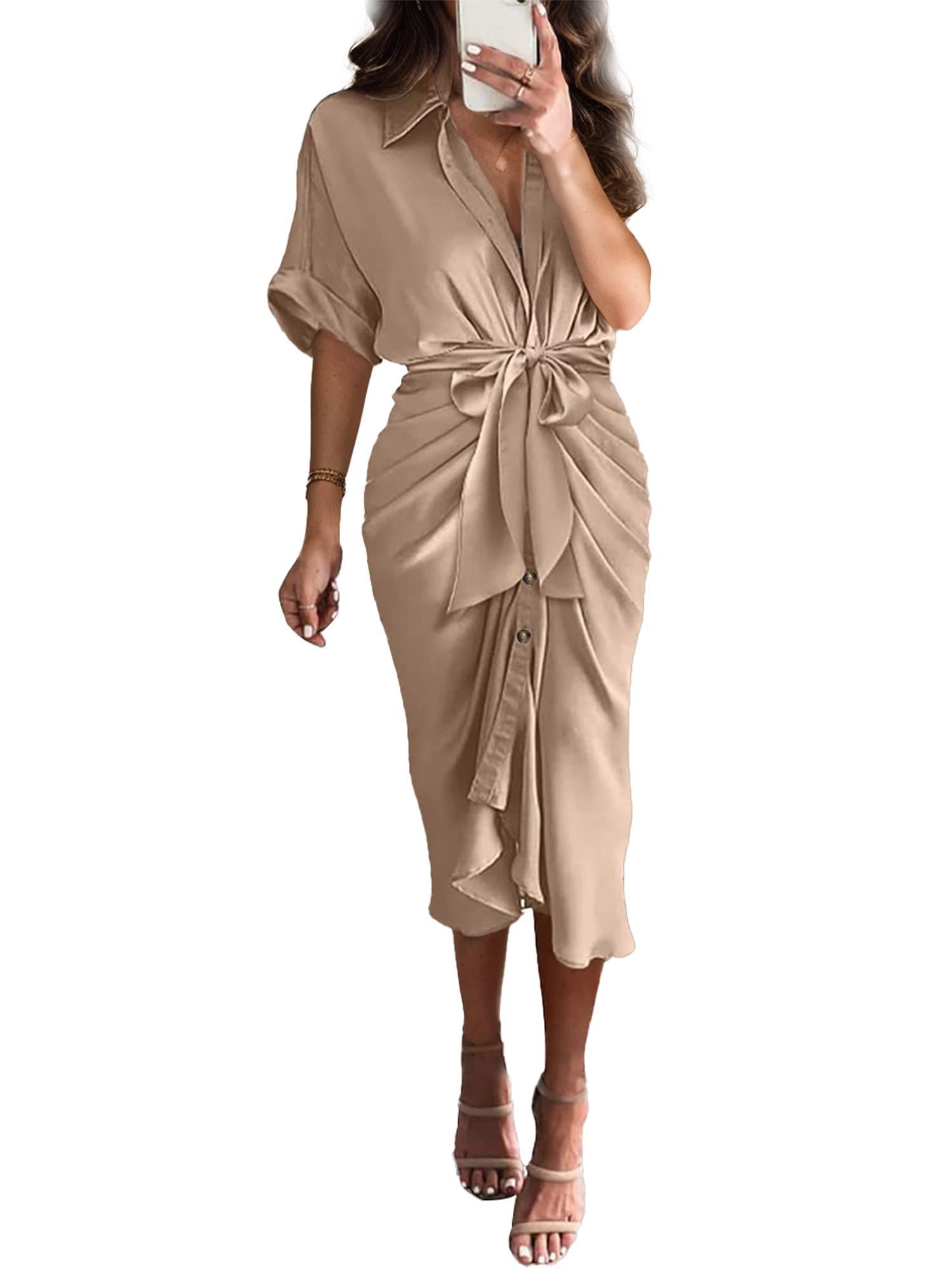 Weardear Summer Maxi Satin Sexy Long Dress Short Sleeve Ruched Shirt