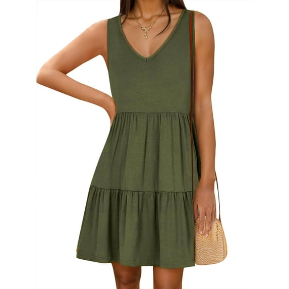 Weardear Summer Sleeveless Casual Dresses for Women V Neck T Shirt Sundress Flowy Tiered Swing Beach Vacation Tank Mini Dress