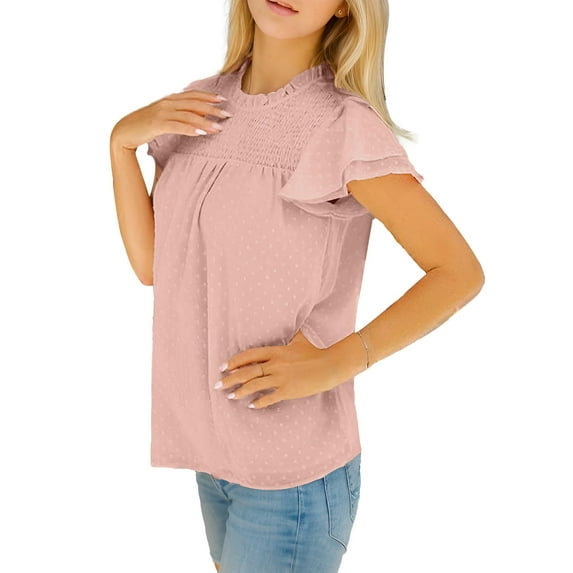 Weardear Summer Tops for Women 2024 Casual Dressy T Shirt Flutter Short Sleeve Lace Smocked Tops Flowy Chiffon Blouses