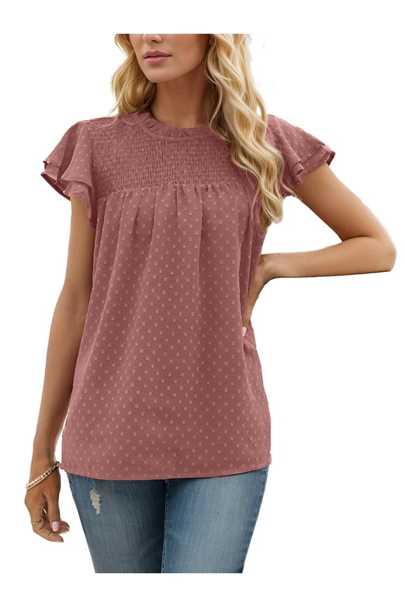Summer Tops for Women 2024 Casual Dressy T Shirt Flutter Short Sleeve Lace Smocked Tops Flowy Chiffon Blouses