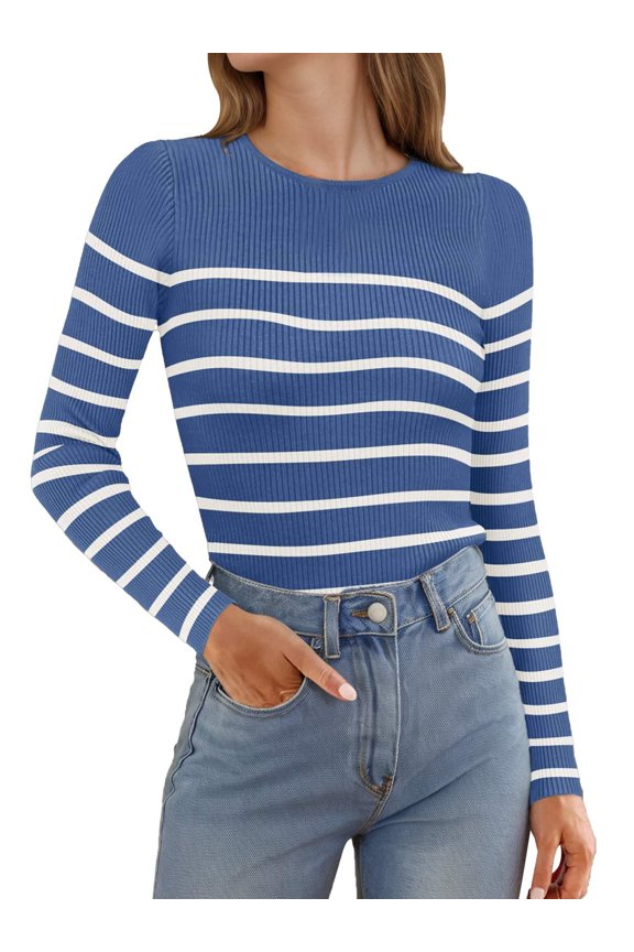 Women Autumn Winter Colorblock Pullover Sweaters Round Neck Striped Slim Fitting Knitwear Tops
