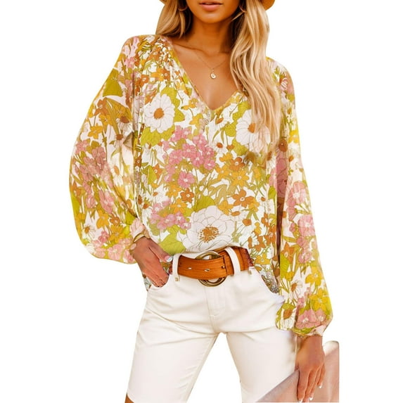 Weardear Women Boho Floral V Neck Dressy Blouses Puff Long Sleeve Elegant Chiffon Tops