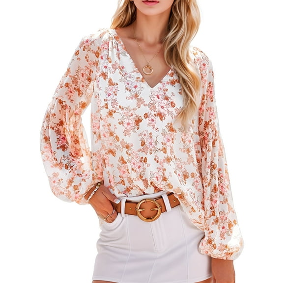 Weardear Women Casual Boho Blouse V Neck Floral Print Tops Long Sleeve Loose Fit Shirts