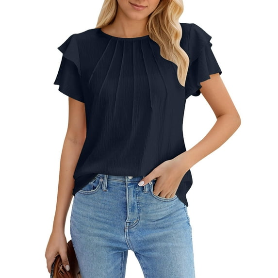 Weardear Women Dressy Casual Tops Business Work Blouses Summer Short Sleeve Crew Neck Shirts