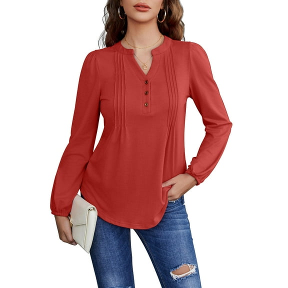 Weardear Women Long Sleeve Shirts Buttons V Neck Fall Blouses Casual Loose Fit Pleated Tunic Tops