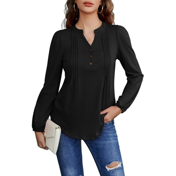 Weardear Women Long Sleeve Shirts Buttons V Neck Fall Blouses Casual Loose Fit Pleated Tunic Tops