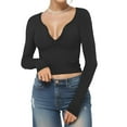 thumbnail image 1 of Weardear Women Sexy Ribbed Knit Crop Tops Long Sleeve V Neck Button up Fall Casual Basic Slim Fit Henley T Shirts, 1 of 6
