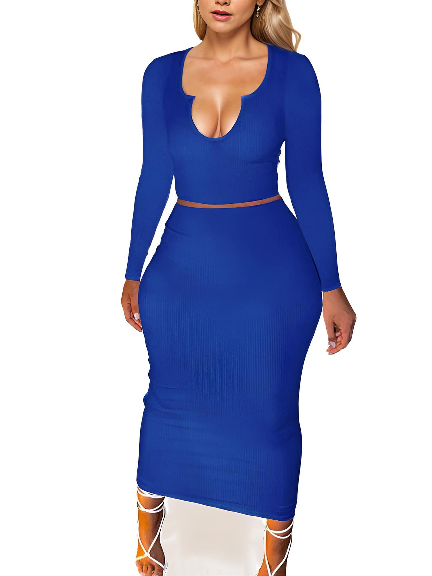 Weardear Women Sexy Two Pieces Skirt Outfits Long Sleeve Bodycon Ribbed