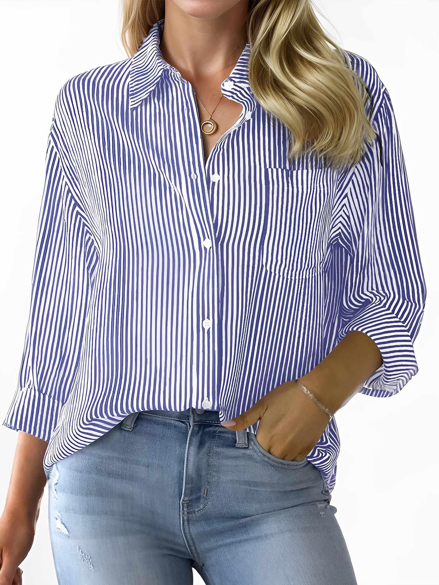 Weardear Women Striped Button Down Shirts Classic Collared Long Sleeve ...