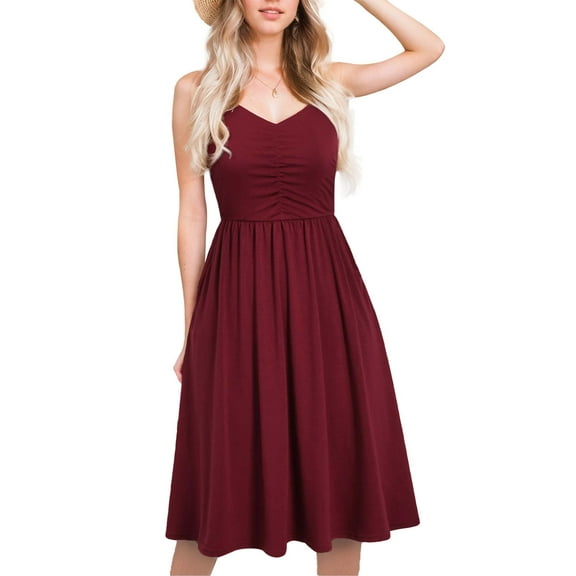 Weardear Women Summer Beach Dress A Line Spaghetti Strap Sleeveless Casual Sundresses with Pockets Knee Length Dress