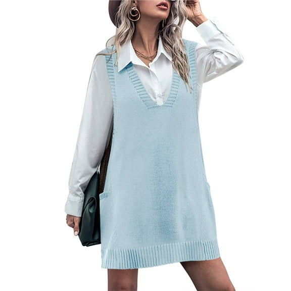 Weardear Women Vest Dress Knit Sweater Dresses Oversized V Neck Sleevelss Pullover with Pockets