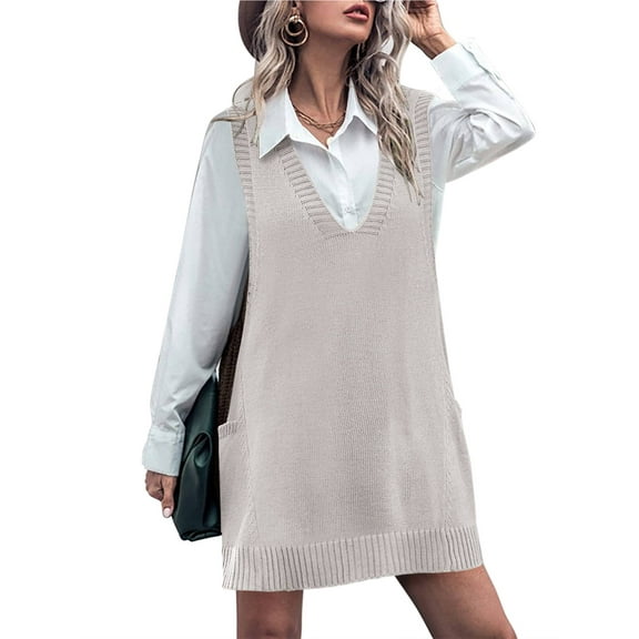 Weardear Women Vest Dress Knit Sweater Dresses Oversized V Neck Sleevelss Pullover with Pockets