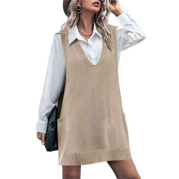 Weardear Women Vest Dress Knit Sweater Dresses Oversized V Neck Sleevelss Pullover with Pockets