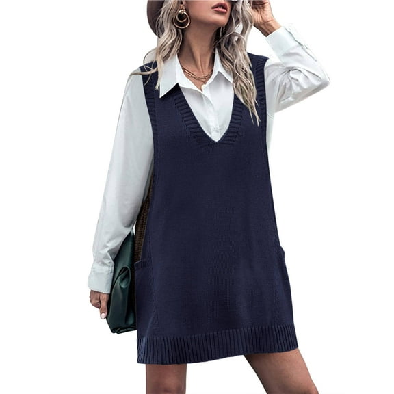 Weardear Women Vest Dress Knit Sweater Dresses Oversized V Neck Sleevelss Pullover with Pockets