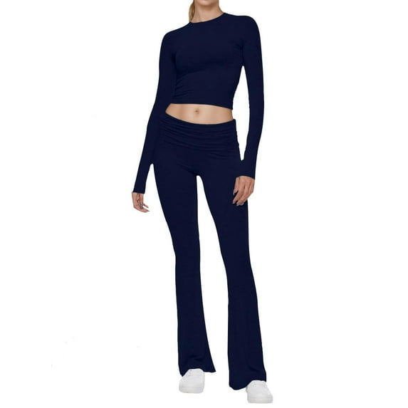 Weardear Women 2 Piece Lounge Sets Crewneck Long Sleeve Cropped Top & Fold-over Flare Pants Set Athletic Outfit Sets (Women's)
