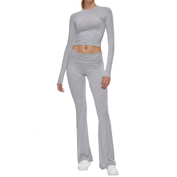 Weardear Women 2 Piece Lounge Sets Crewneck Long Sleeve Cropped Top & Fold-over Flare Pants Set Athletic Outfit Sets (Women's)