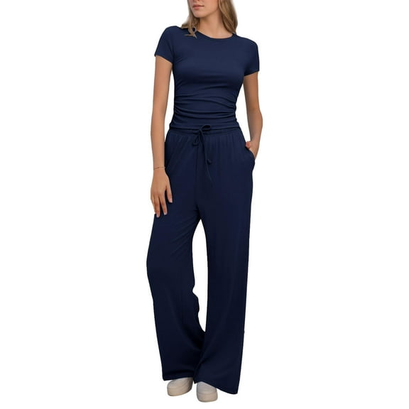 Weardear Women's 2 Piece Outfits Lounge Sets Ruched Short Sleeve Tops and High Waisted Wide Leg Pants Tracksuit Sets