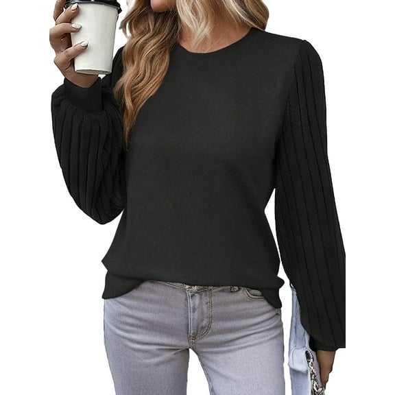 Weardear Womens 2024 Casual Crewneck Lantern Long Sleeve Pullover Sweaters Loose Ribbed Knit Jumper fall Tops