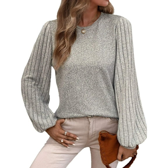 Weardear Womens 2024 Casual Crewneck Lantern Long Sleeve Pullover Sweaters Loose Ribbed Knit Jumper fall Tops