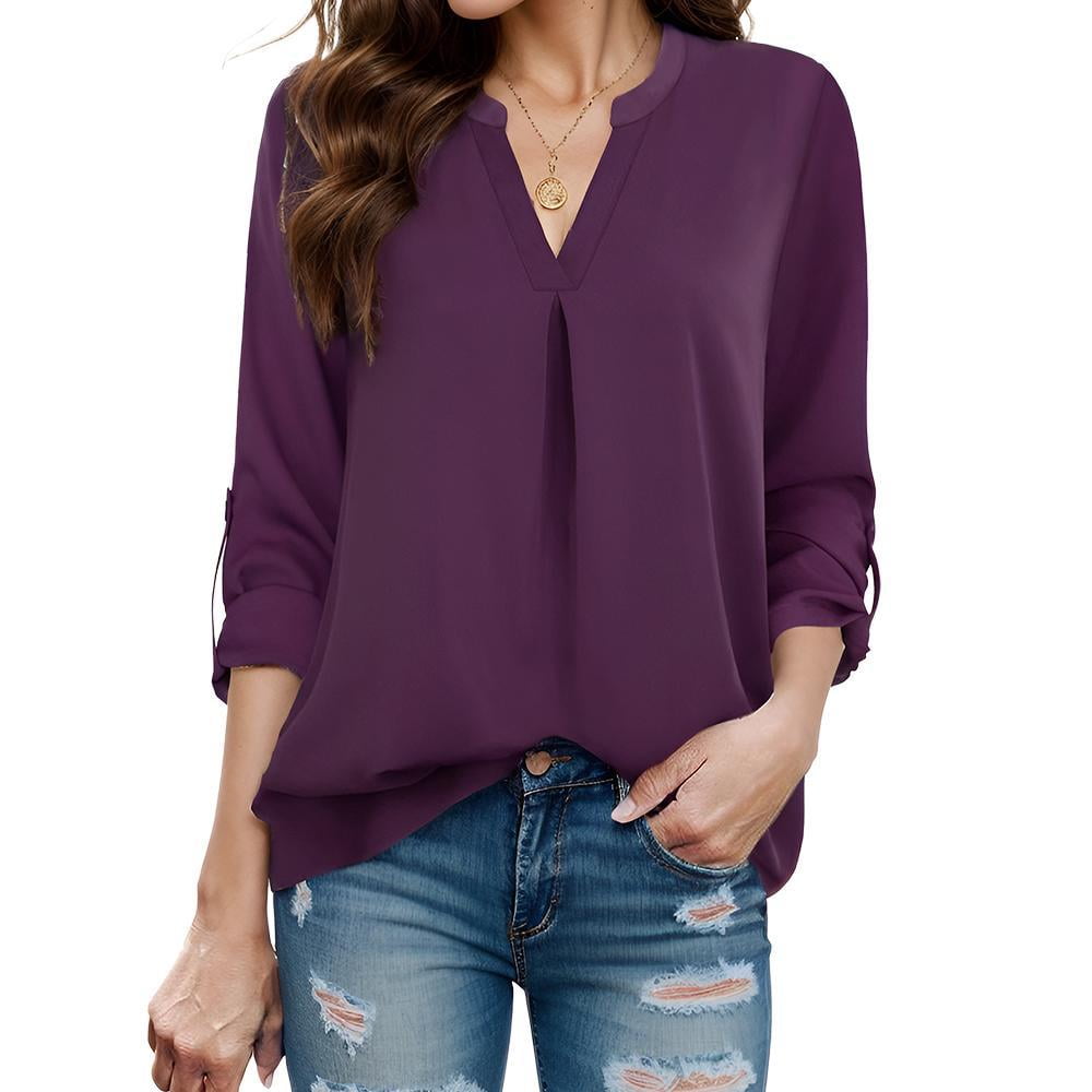 Weardear Women's 3/4 Sleeve Blouses Work Shirt Casual V Neck Cuffed
