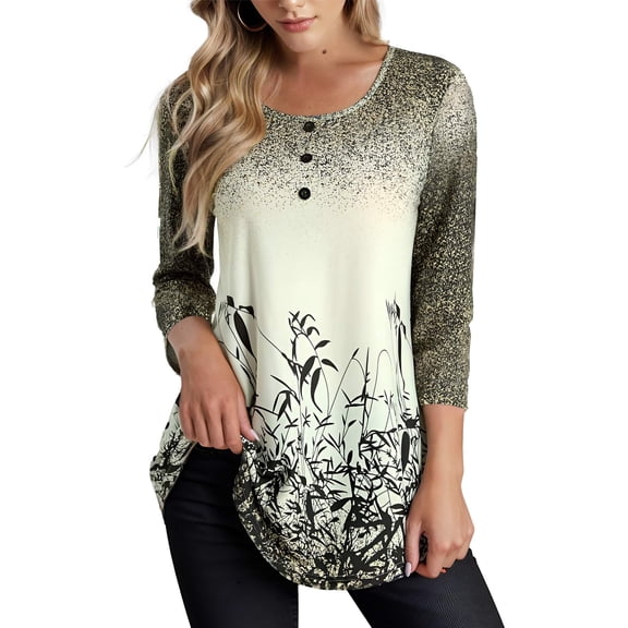Weardear Women's 3/4 Sleeve Tunic Tops Floral Print Casual Flare Swing Blouse Buttons Up T Shirts, M-XXL