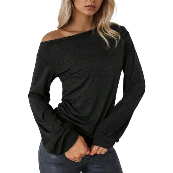 Weardear Women's Asymmetrical Long Sleeve Top Off Shoulder T Shirts 2025 Loose Fit Casual Workout Tee