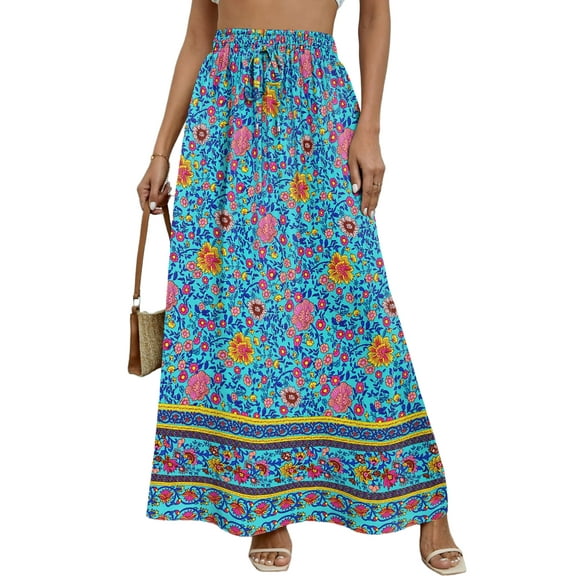 Weardear Women's Boho Floral Skirt Casual Elastic High Waist Maxi Skirts Flowy A Line Beach Long Skirt with Side Pockets