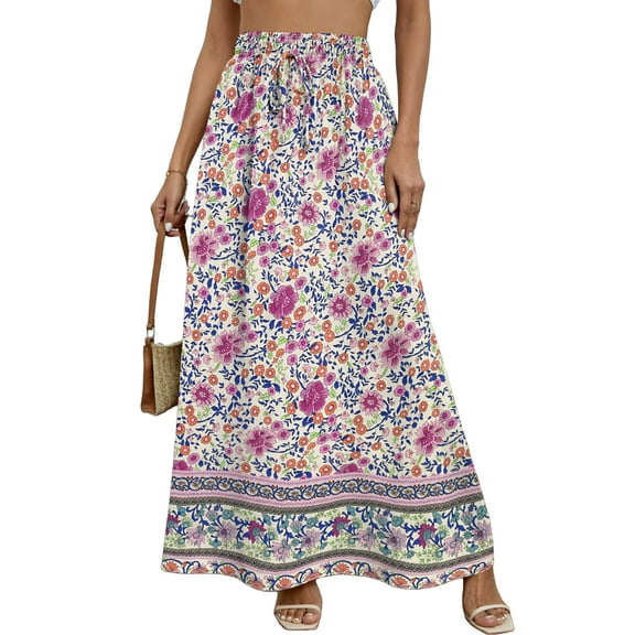 Weardear Women's Boho Floral Skirt Casual Elastic High Waist Maxi Skirts Flowy A Line Beach Long Skirt with Side Pockets
