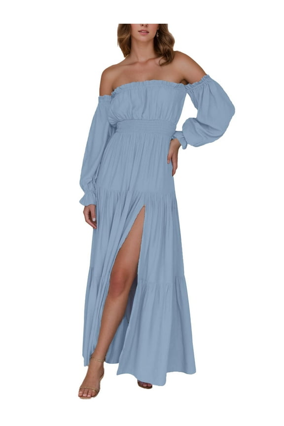 Summer Maxi Dress Sexy Flowy Ruffle Long Sleeve Off Shoulder Boho Dress for Women