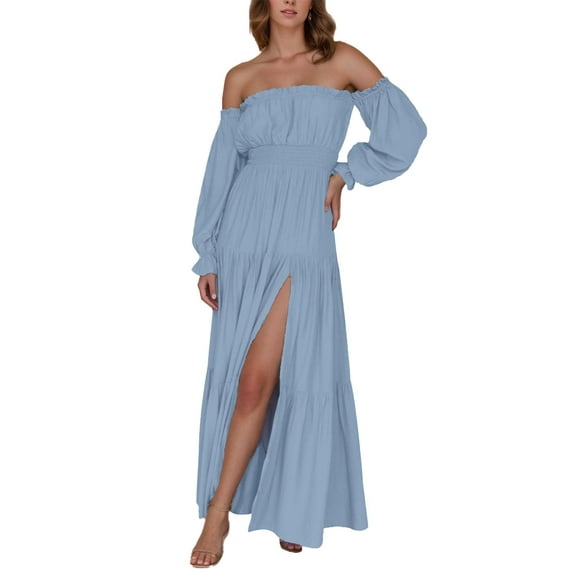 Weardear Summer Maxi Dress Sexy Flowy Ruffle Long Sleeve Off Shoulder Boho Dress for Women