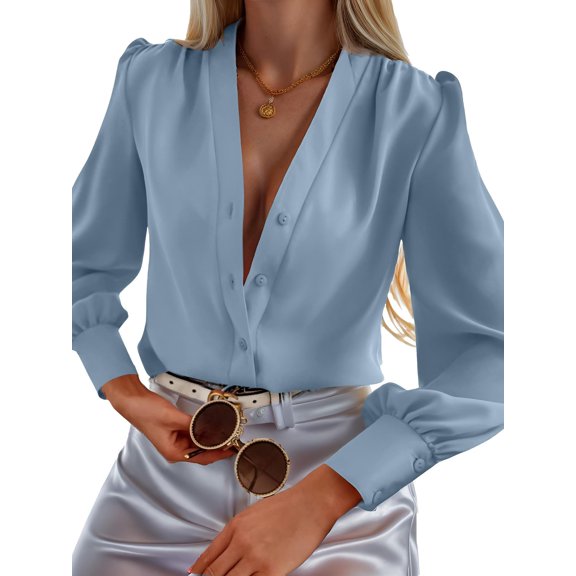 Weardear Women's Business Casual Tops Long Sleeve Silk Button Down Shirts V Neck Chiffon Blouses