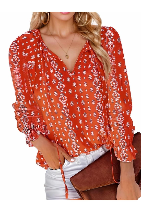 Women's Casual Boho Floral Printed T Shirt V Neck Tops Drawstring Long Sleeve Flowy Chiffon Blouses