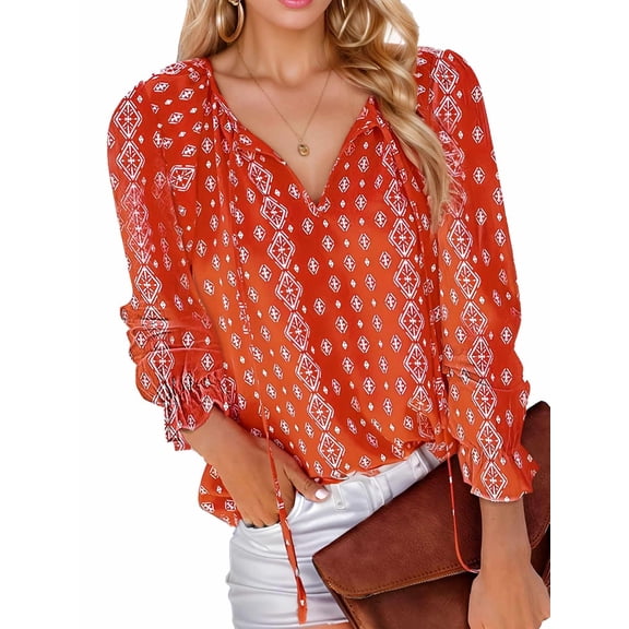 Weardear Womens Boho Floral Printed Blouse Dressy Tops Drawstring Casual V Neck Lantern Long Sleeve Shirts
